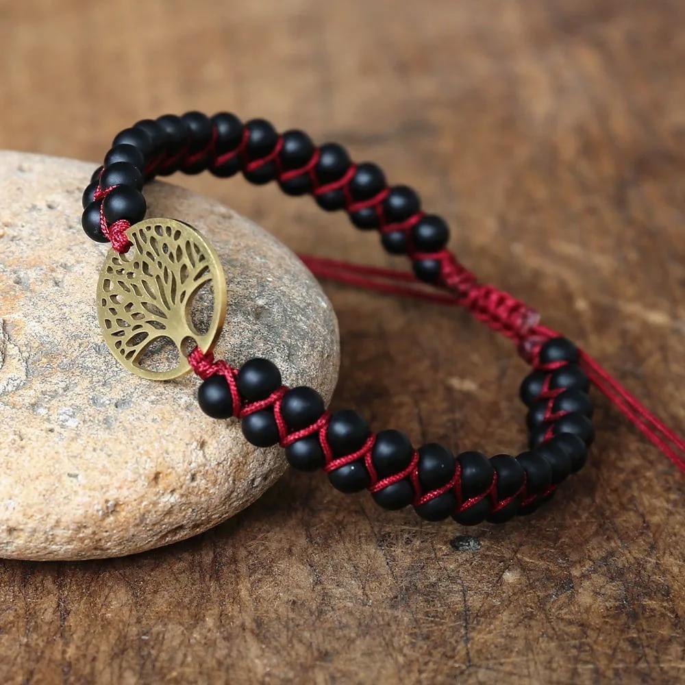 Bracelet Onyx Noir avec Arbre de Vie