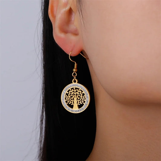 Boucles d’Oreilles Pendantes Arbre de Vie Doré