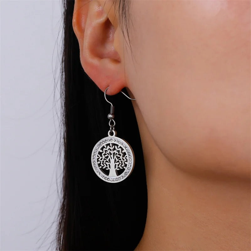 Boucles d’Oreilles Pendantes Arbre de Vie Argenté Oxyde De Zirconium