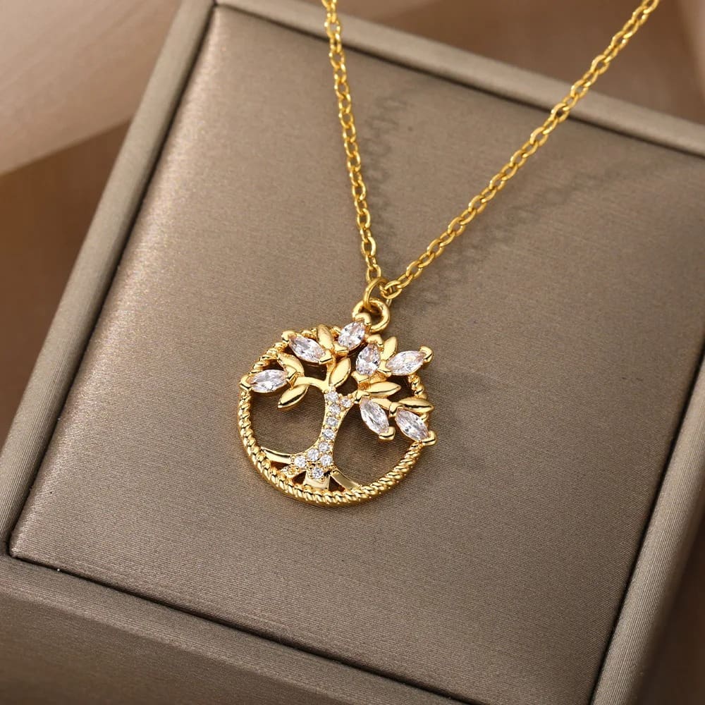 Collier Arbre de Vie Doré Oxyde De Zirconium