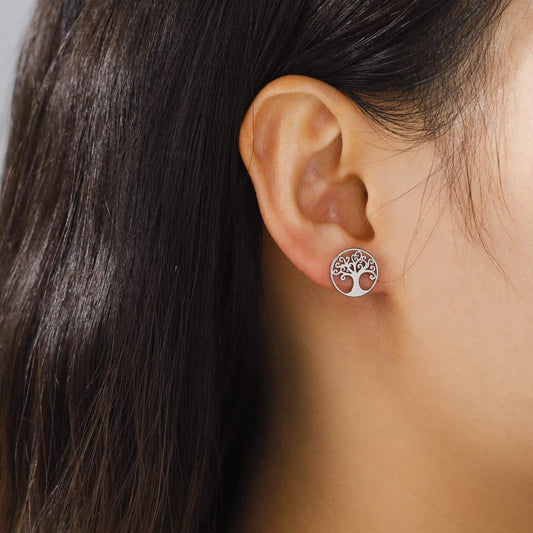 Boucles d’Oreilles Puces Arbre de Vie Argenté