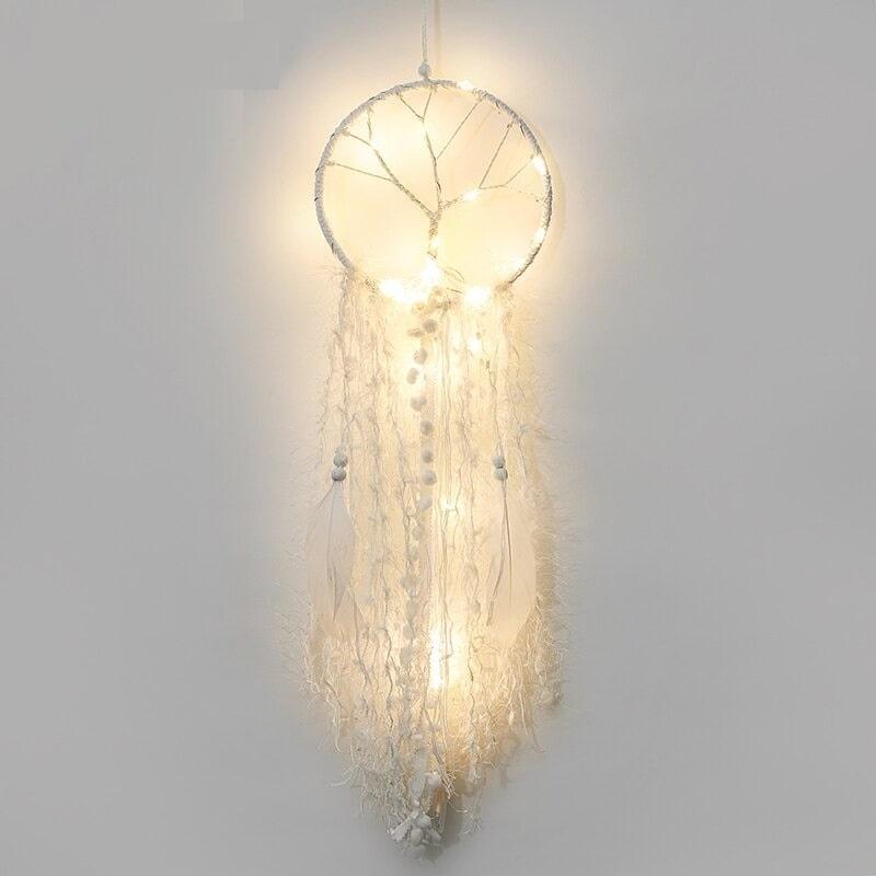 Attrape-Rêve Arbre de Vie lumière avec Plumes Blanches