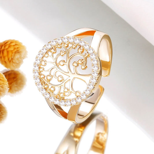 Bague Arbre de Vie dorée en cuivre et oxydes de zirconium