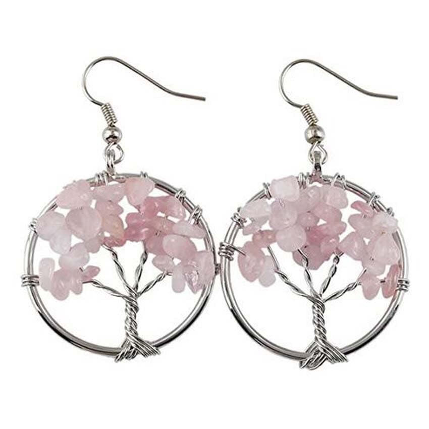 Boucles d’Oreilles Quartz Rose et Arbre de Vie
