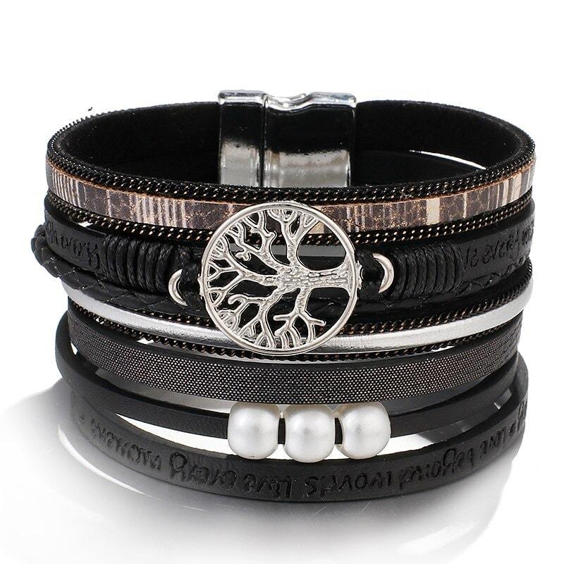 Bracelet Arbre de Vie Femme Cuir Noir