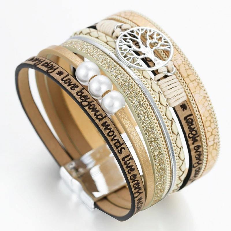 Bracelet Arbre de Vie Cuir Femme beige