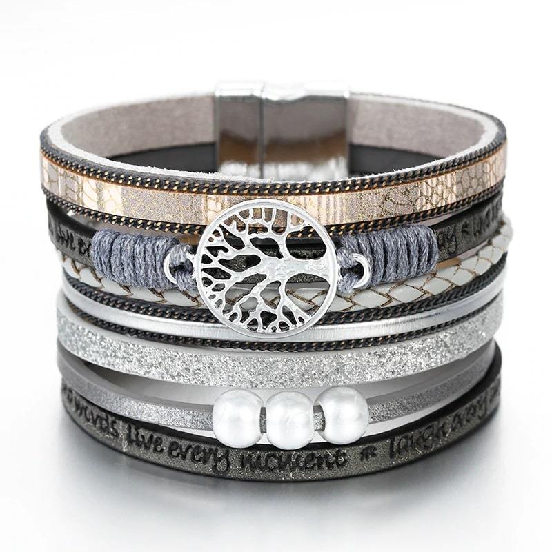 Bracelet Arbre de Vie Cuir Gris