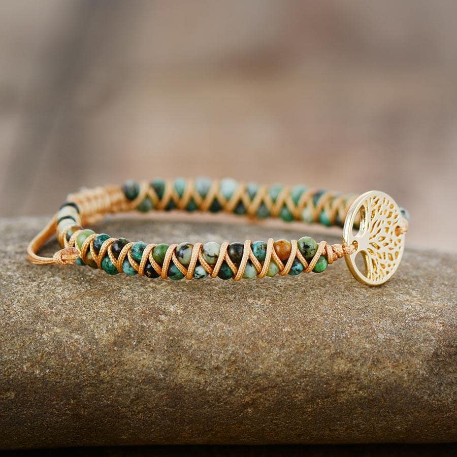 Bracelet Arbre de Vie en Pierre de Jaspe Africain doré