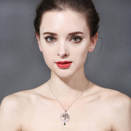 Collier Arbre de Vie Cristal Vert Argent femme