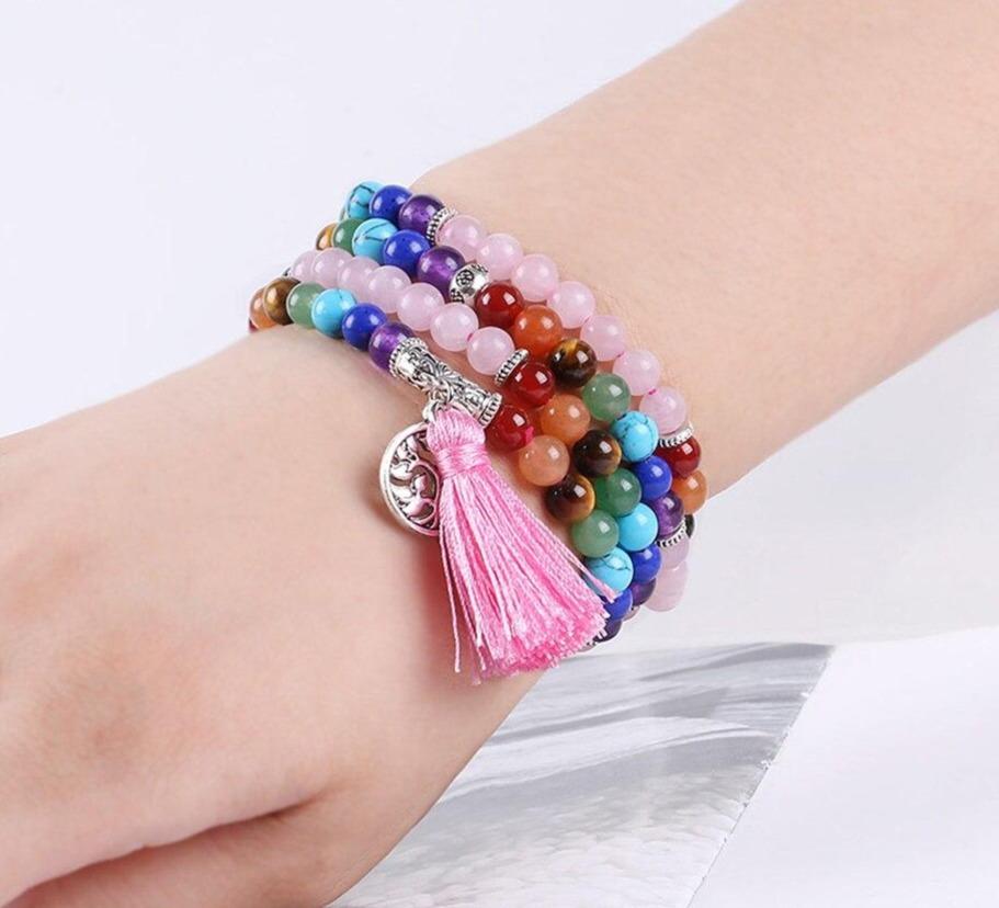 Bracelet Mala7 Chakras en Quartz Rose