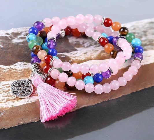 Bracelet Arbre de Vie Mala 7 Chakras en Quartz Rose