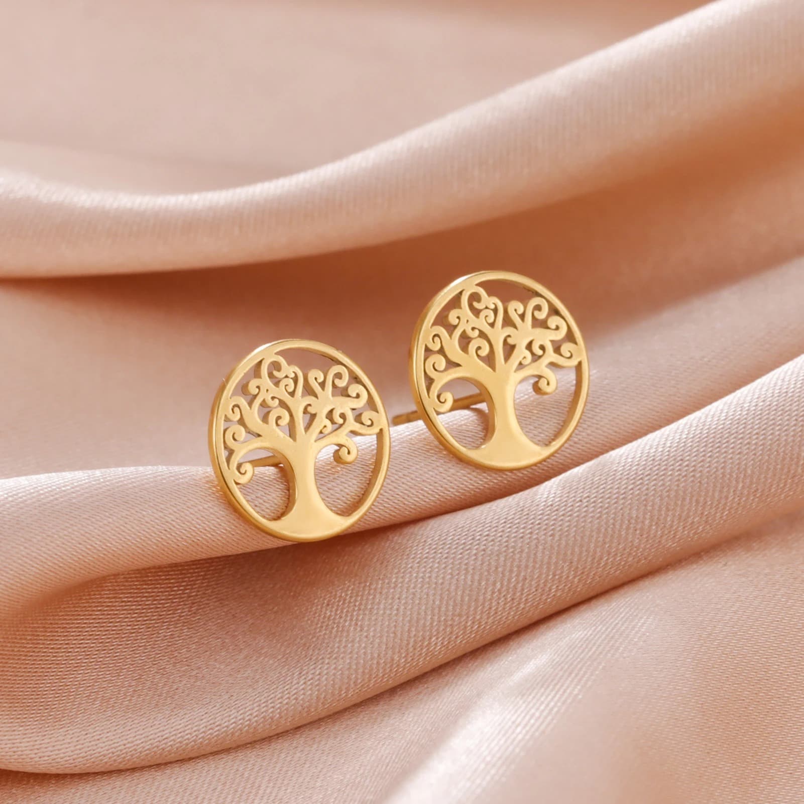 Boucles d’Oreilles Puces Arbre de Vie Doré