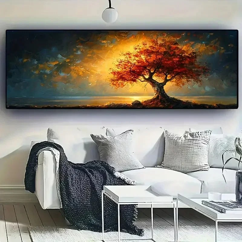 Toile Arbre rouge au cœur d’un ciel doré et dramatique