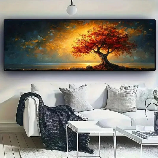 Toile Arbre rouge au cœur d’un ciel doré et dramatique