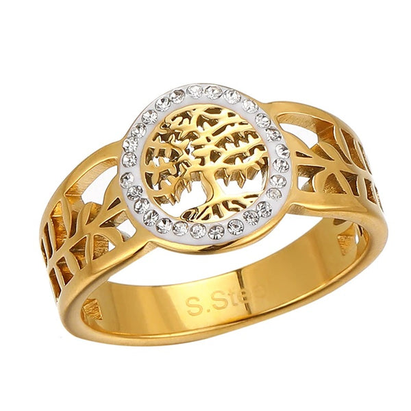 Ensemble Bijoux Arbre De Vie : Bague Ajustable + Collier Acier Inoxydable Doré - Neuf