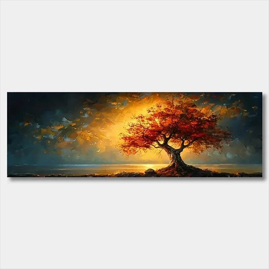 Toile Arbre rouge au cœur d’un ciel doré et dramatique