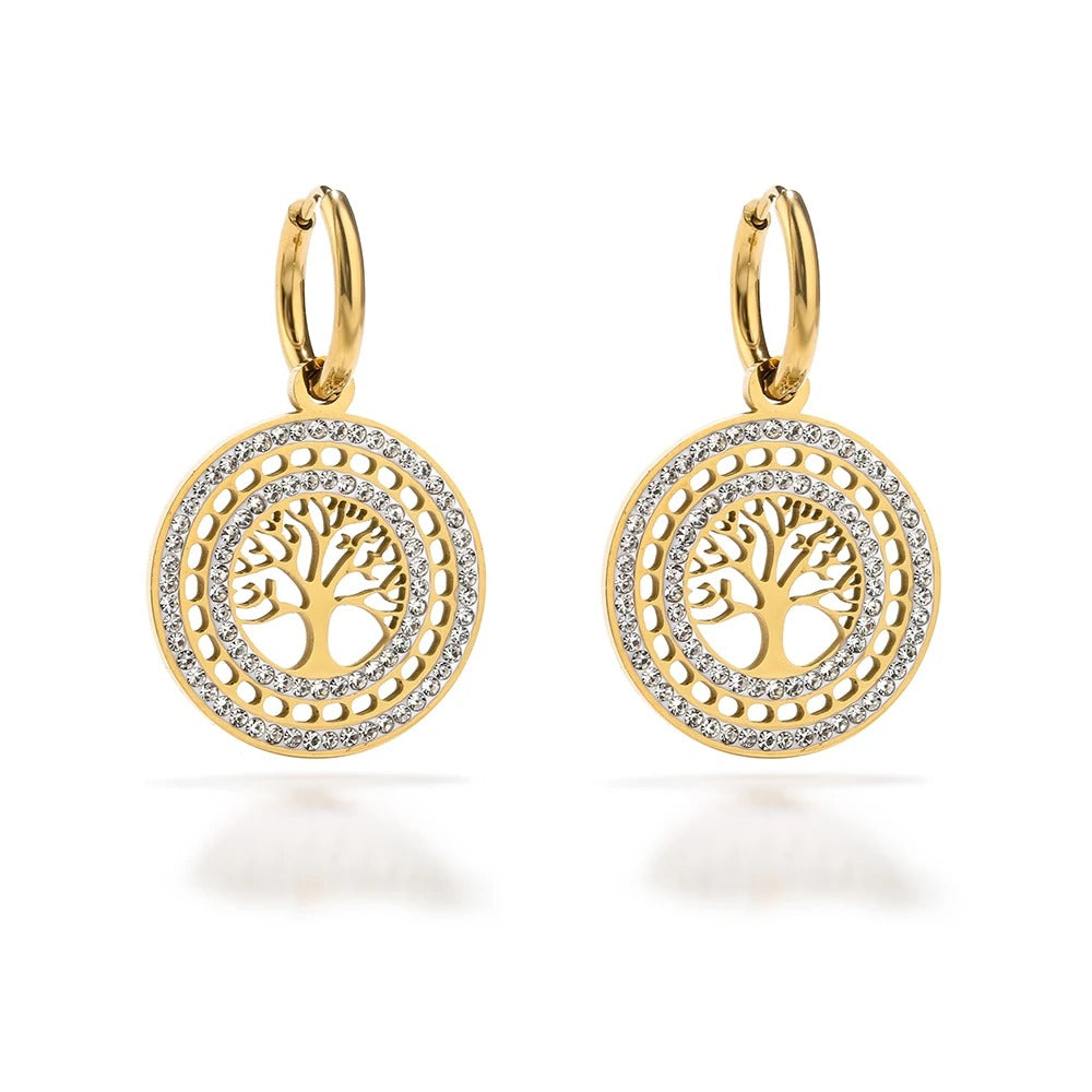 Boucles d’Oreilles Arbre de Vie Doré Oxyde De Zirconium