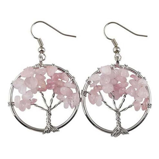 Boucles d’Oreilles Quartz Rose et Arbre de Vie