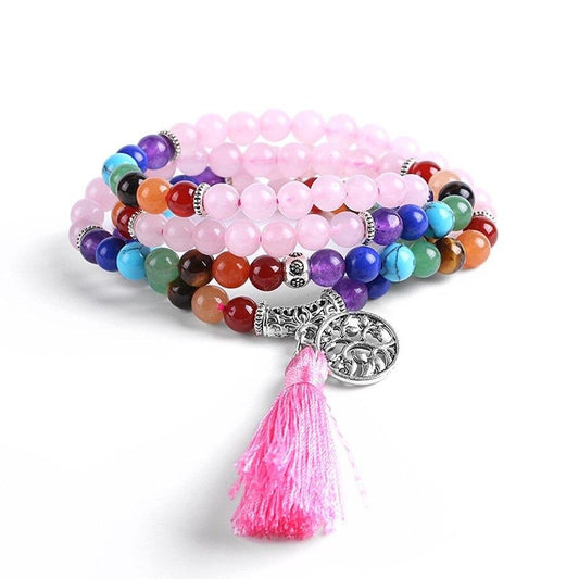 Bracelet Arbre de Vie Mala de Guérison 7 Chakras en Quartz Rose