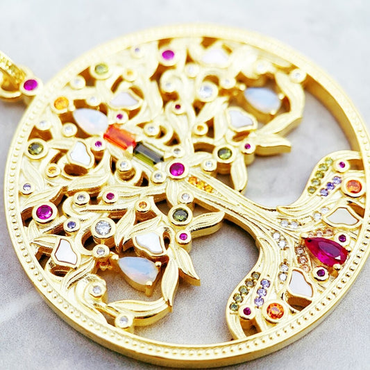 Pendentif Arbre de Vie or et oxydes de zirconium multicolore