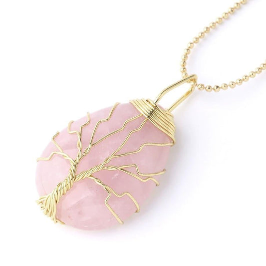 Pendentif or Arbre de Vie Quartz Rose 