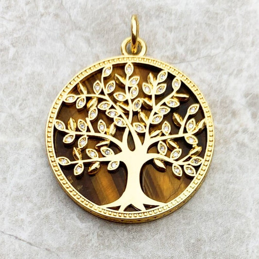 Pendentif Arbre de Vie or et œil de tigre